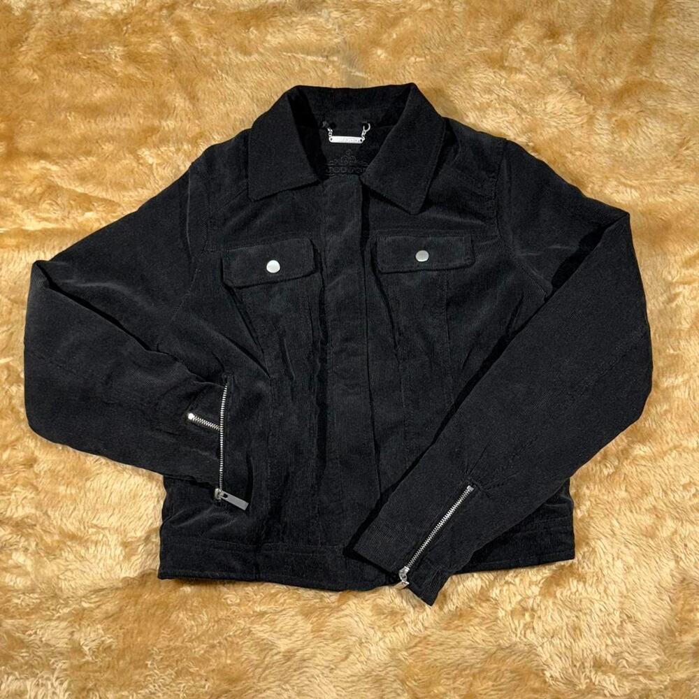 Vintage Jou Jou Black Corduroy Cropped Jacket Faux Fur Lined Women's Size S